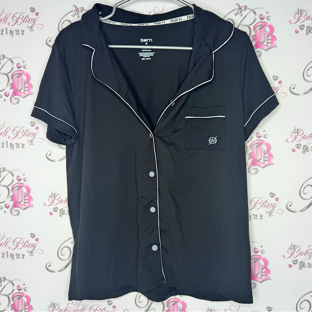 BORN shirt button up sleep night time tshirt style black white trim soft buttery